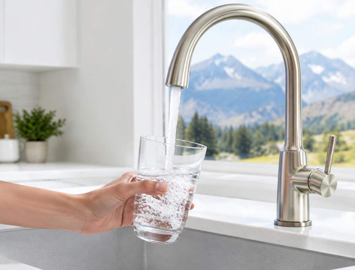 Clear filtered water filling a glass in a Colorado kitchen