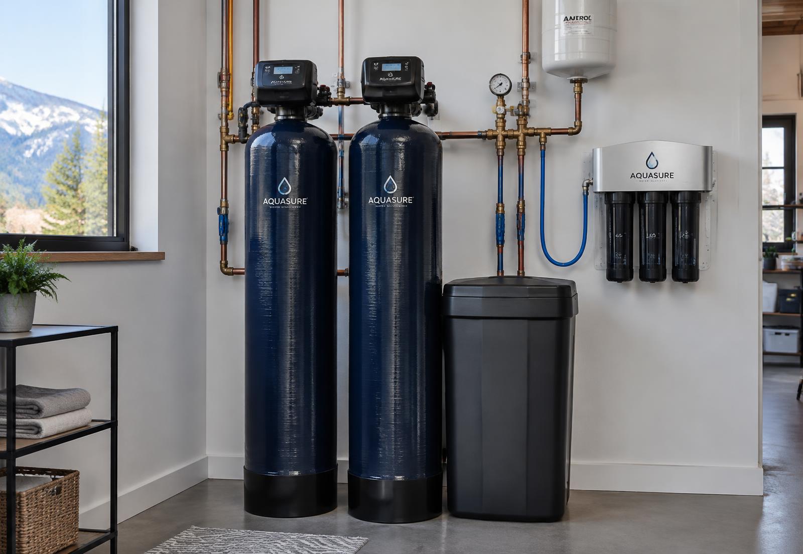 Dual-tank whole-house water softener with reverse osmosis system installed in a Colorado home